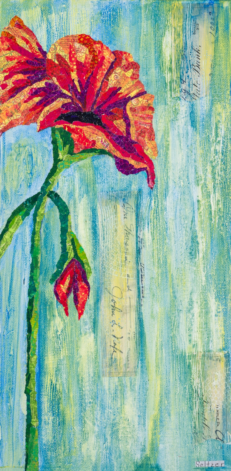 Red flower blue and green background, mono printed torn paper collage mixed media