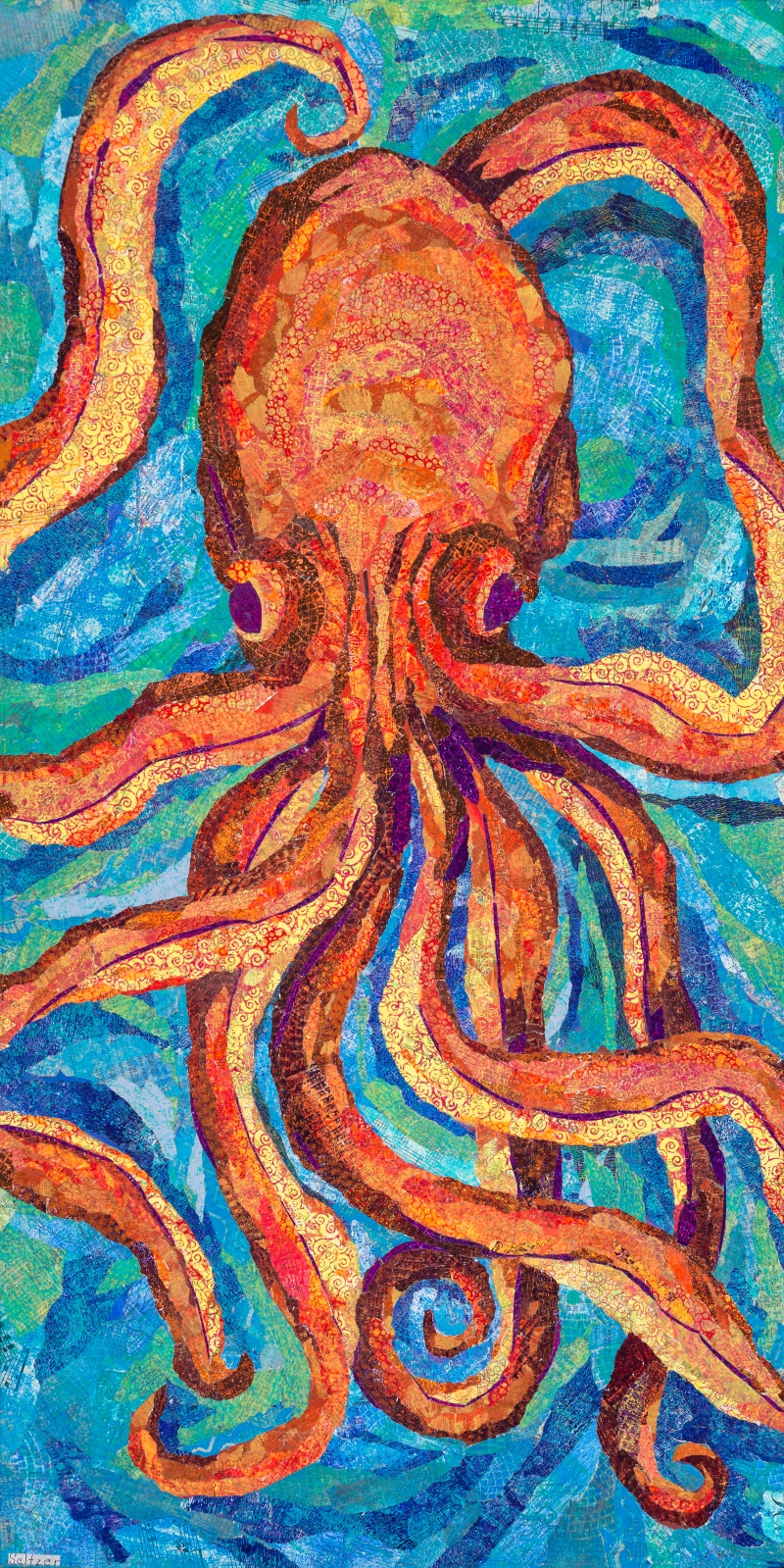 Yellow red and orange octopus monoprinted torn paper collage on gallery wapped canvas